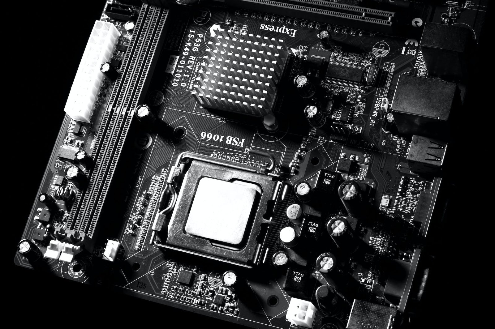 grayscale photo of motherboard